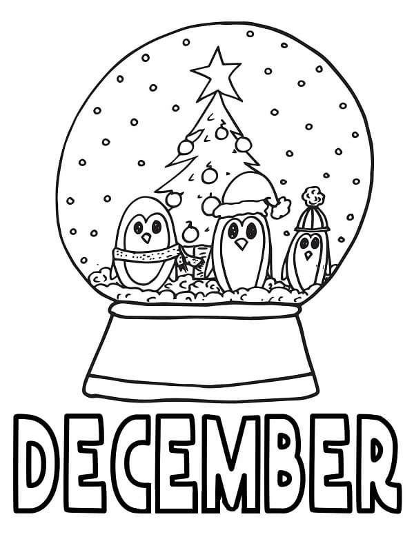 Online coloring book: A snow globe with penguins coloring page welcomes December